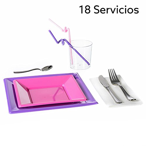 Vajilla desechable para 18 personas infantil lila de plástico para comedor LOLA home - LOLAhome