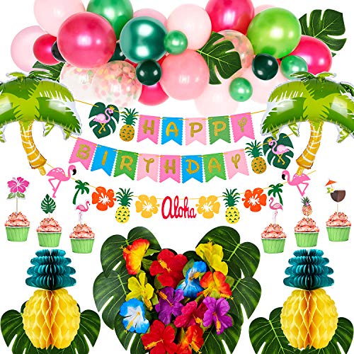 VAMEI Decoraciones de fiesta Hawái Hojas de palmera Globos de piña con feliz cumpleaños Guirnalda Flamenco Cupcake Topper Seda Flor de hibisco para decoraciones de fiesta en el jardín