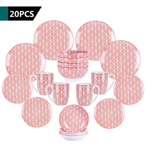 vancasso MOMOKO Juego de Vajillas de Porcelana 20 piezas Vajillas de Estilo Japones con 4 Platos de Cena, Postres, Platos de Sopa Cuencos de Cereales, Tazas de Cafe para 4 Personas