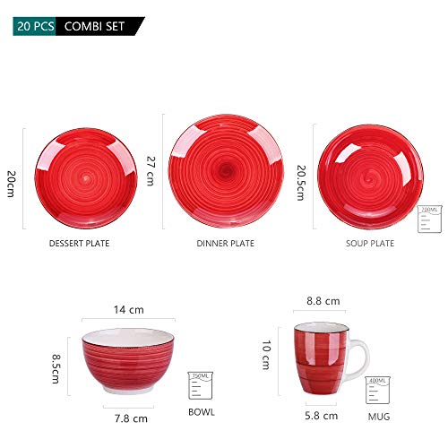 vancasso Serie Bella Rojo Juego de Vajillas 20 pcs Vajillas Gres, Platos de Cena/Postre, Platos Hondos, Cuencos, Tazas Vajillas para 4 Personas Vintage Estilo