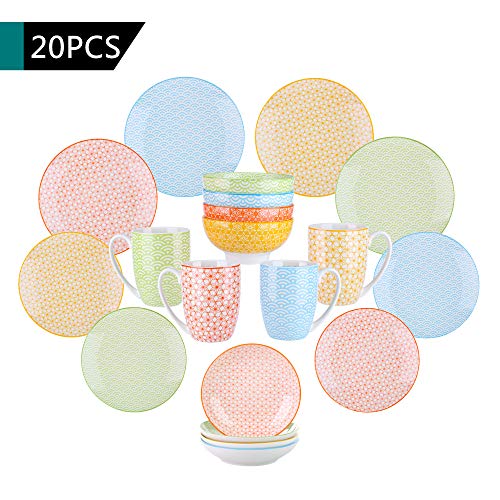 vancasso Serie Natsuki Juego de Vajilla 20 Piezas con Dibujos 4 Diseños Servicio de Cena de Porcelana Conjunto de Vajilla Plato de Cena Plato de Sopa Tazón de Fuente 4 Tazas, para 4 Personas