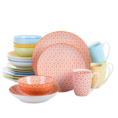 vancasso Serie Natsuki Juego de Vajilla 20 Piezas con Dibujos 4 Diseños Servicio de Cena de Porcelana Conjunto de Vajilla Plato de Cena Plato de Sopa Tazón de Fuente 4 Tazas, para 4 Personas