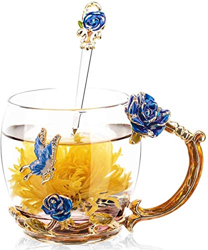 VANUODA Esmaltes Taza de Té Mariposa Flor, Mug Café Vidrio con Cuchara, Regalos Originales para Mujer Mama Madre Abuela Maestra Novia Niñas Amigas, Navidad Cumpleaños Aniversario (Azul)