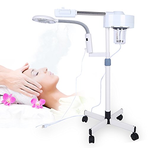 Vaporizador Facial Profesional Máquina de Vapor de Belleza con LED Lámpara de Aumento 3X con Ruedas de Spa por Belleza y Tatuaje Salón