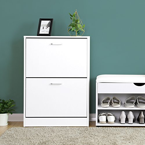 VASAGLE Gabinete de Zapatos con 2 Puertas Abatibles, Divisor Ajustable y Desmontable, para 12 Pares de Zapatos de Mujer y 8 de Hombre, 60 x 24 x 80 cm (Largo x Ancho x Alto), Blanco LBC02WT