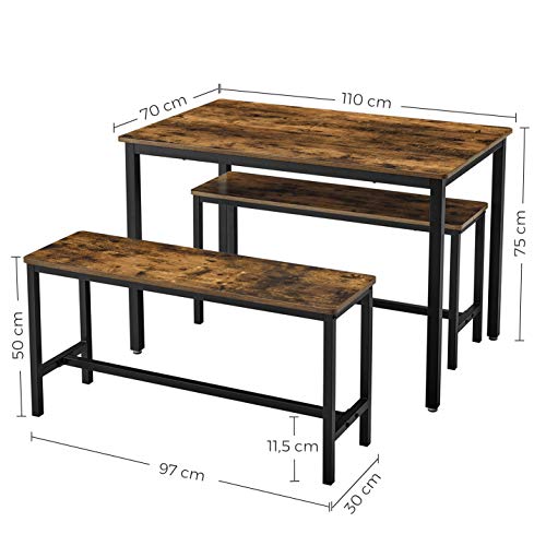 VASAGLE Juego de Mesa de Comedor y Sillas, Mesa de Cocina de 110 x 70 x 75 cm con 2 Taburetes de 97 x 30 x 50 cm, Marco de Acero, para Comedor, Sala de Estar, Marrón Rústico y Negro KDT070B01