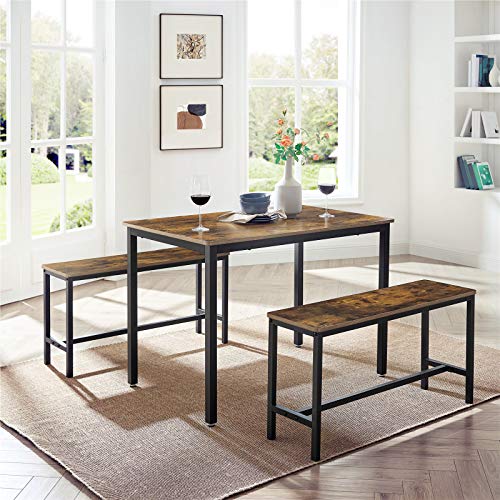 VASAGLE Juego de Mesa de Comedor y Sillas, Mesa de Cocina de 110 x 70 x 75 cm con 2 Taburetes de 97 x 30 x 50 cm, Marco de Acero, para Comedor, Sala de Estar, Marrón Rústico y Negro KDT070B01