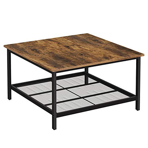 VASAGLE Mesa de Café, Mesa de Cóctel Cuadrada, Marco de Acero Robusto y Estante de Malla, Estilo Industrial, para Sala de Estar, Marrón Rústico y Negro LCT065B01