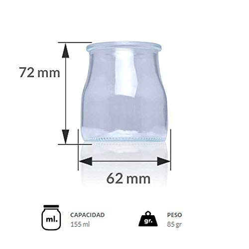 Vasos yogurtera de cristal con tapa pack de 12 botes para yogurtera de 150 Ml tarros para postres recipiente para moulinex, lidl, severin, braum y resto de yogurteras (Tapa Blanca) (150)