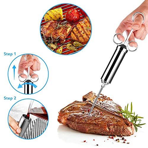 Vegena Jeringa de Cocina para Marinar con 3 Agujas 2 Cepillos, Jeringa de Alimentos, Inyector de Sabor, Inyector de Carne, Aguja para Especias, 60 ml, 5 O-Anillo de Silicona para Pavo de Res BBQ