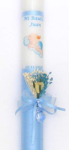 VELAS PINSART Vela de bautizo flor y cinta POSIBILIDAD DE PERSONALIZAR MEDIDA 40x3 cm (personalizacion azul)