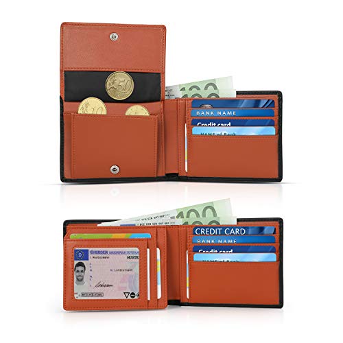 Vemingo Carteras de Hombre Cuero Genuino de Vaca con Bolsillo de Moneda/Monedero con RFID Bloqueo para Tarjetas de Crédito Portamonedas Ligeros para Hombre/Adolescente (Xb-063 Negro Naranja)