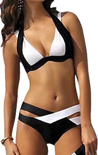 Verano Bikini de Mujer de Dos Piezas con Sujetador y Braguita brasileña (Cruzado Blanco y Negro) - S