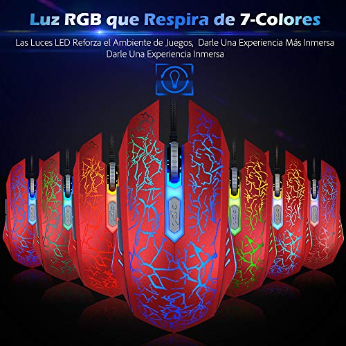 VersionTECH. Ratón Gaming con Cable hasta 3600 dpi Ratón Ergonómico Óptico para Juegos con 7 Colores Luz LED 6 Botón Gaming Mouse Wired para PC/Ordenadores Portátil/Mac(Rojo)