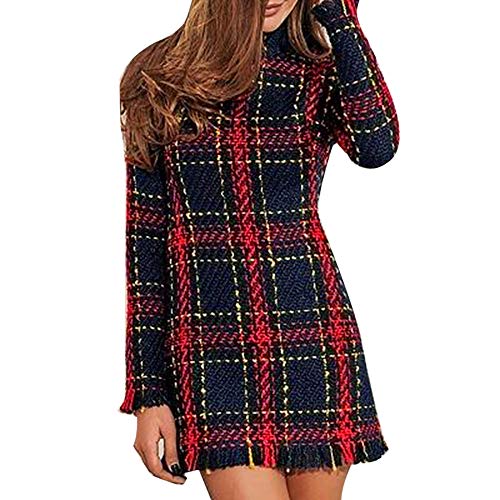 Vestido de Fiesta Sexy Corto Mini para Mujer Manga Larga Otoño Invierno,PAOLIAN Vestido Ajustado Cuadros Cuello Alto Casual Vestido de Punto Jerséis Sexy Vintage Elegantes Suéter Rojo