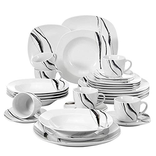 VEWEET Teresa 30 Piezas Vajillas de Porcelana Juegos con 6 Taza 175 ml, 6 Platillo, 6 Platos, 6 Platos de Postre y 6 Platos Hondos para 6 Personas