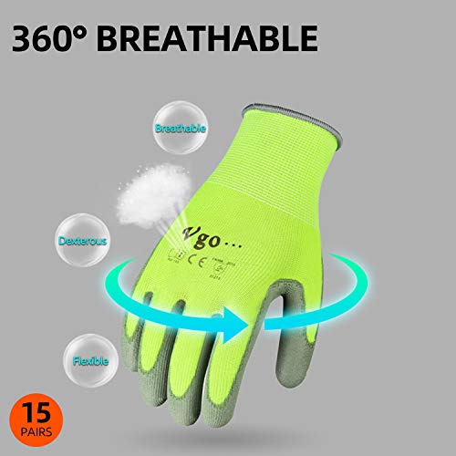 Vgo 15Pares Guantes de Trabajo y de Jardinería Recubiertos de PU para Hombres Multifunción (Tamaño 9/L,Amarillo fluorescente,PU2013)