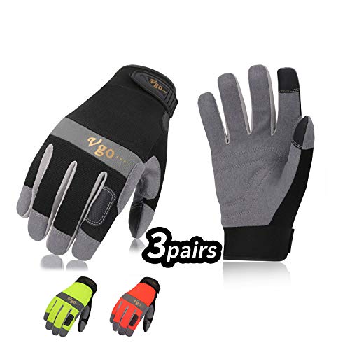 Vgo 3-Pares Guantes de Trabajo de Cuero Sintético (Color Negro, Verde y Naranja Fluorescente, Talla 10/XL, SL7584)