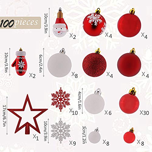 Victor's Workshop 100Pcs Bolas de Navidad Set, Adornos de Navidad para Arbol, Decoración de Bolas de Navideños Inastillable Plástico de Rojo y Blanco, Regalos de Colgantes de Navidad (Oh Ciervo)