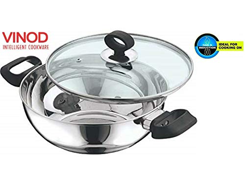 Vinod - Sartén para wok Kadai de acero inoxidable con base de inducción, tamaño - 20 cm con tapa de cristal