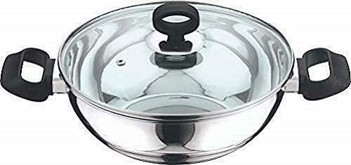 Vinod - Sartén para wok Kadai de acero inoxidable con base de inducción, tamaño - 20 cm con tapa de cristal