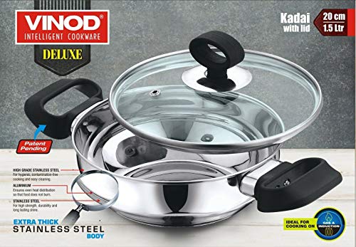 Vinod - Sartén para wok Kadai de acero inoxidable con base de inducción, tamaño - 20 cm con tapa de cristal