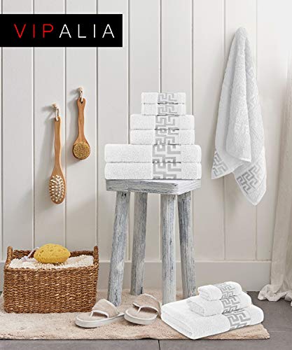 Vipalia Juego de Toallas de Baño 3 Piezas. Calidad Rizo 100% Algodón Egipcio 600 gr. Lisas. 3 Tamaños Tocador Lavabo y Ducha Sabana. Cenefa Dibujo Cesar. Color Blanco