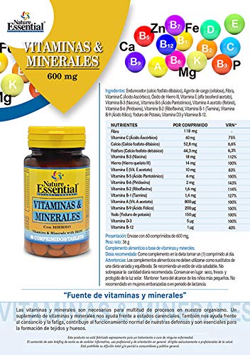 Vitaminas & minerales. 60 comprimidos con fibra, Hierro, Yodo, vitaminas A, C, D, E, B-1, B-2, B-3, B-5, B-6, B-9 y B-12…