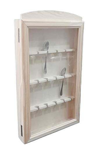 Vitrina colecciones cucharas. Capacidad: 12 cucharas. En madera de pino en crudo. Se puede pintar. Medidas (ancho/fondo/alto): 30 * 6.5 * 54 cms.