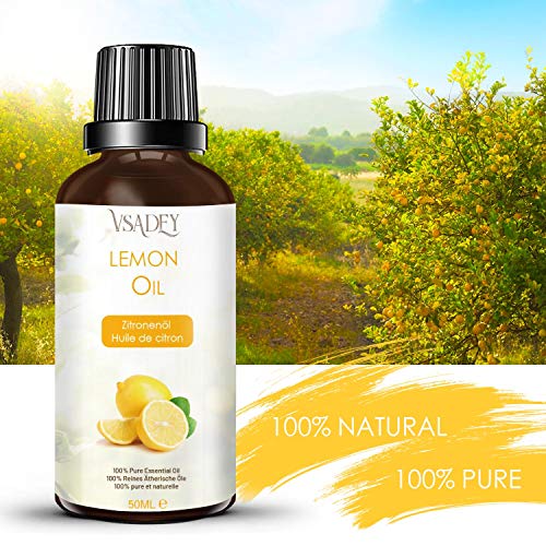 VSADEY Aceite Esencial de Limón 50ml, Aceite de Limón 100% Puro, Natural y Vegano, Aceite de Aromaterapia de Limón Mejor para la Aromaterapia de Difusor/Masaje/Cuidado de la Piel/Eliminar Olor