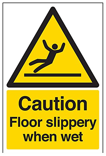 VSafety 63044AU-S - Señal de advertencia de suelo mojado resbaladizo, diseño con texto en inglés"Caution Floor Slippery When Wet", autoadhesiva, vertical, 200 mm x 300 mm, color negro y amarillo