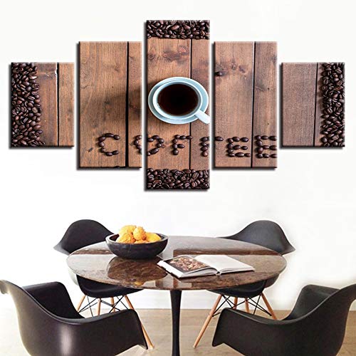 Wall Art Canvas HD Print Poster 5 Piezas Granos de café Taza de café Pintura Pintura al óleo Cafe Foto Cocina decoración del hogar Marco Modular Marco