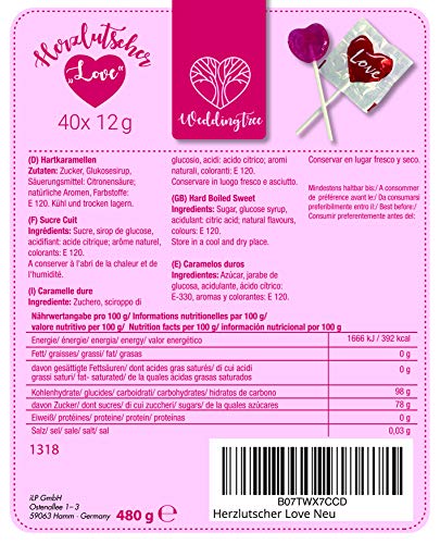 WeddingTree Piruletas con forma de corazón con la inscripción "Love" - 20 piruletas con diseño de corazón - Corazones pequeños ideales para la decoración de mesa en bodas, día de la Madre