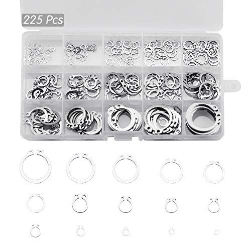 WEKON 225pcs Anillos de Seguridad E-clip, Anillos de Retención a Presión, Circlips Anillos, Circlips Surtido 3 4 5 6 8 10 11 12 15 16 17 22 25mm con Caja Acero Inoxidable Precisión Absoluta