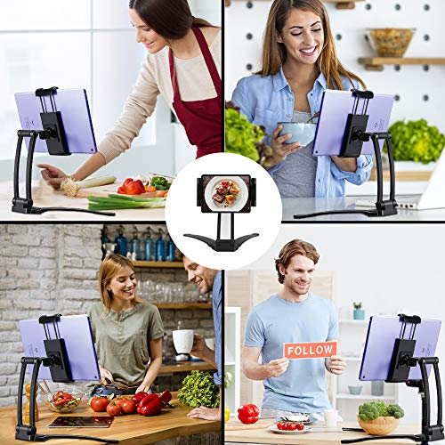 Welltop Soporte Stand para Holder Tablet Pared Cocina, Soporte Universal Foldable Tableta Stand Cocina Adjustable Soporte de Mesa Multiángulo o Montaje en Pared para Movil y Tablets(Negro)