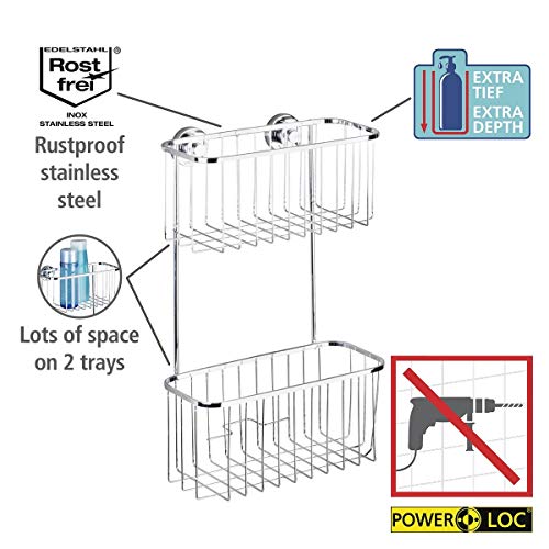 Wenko Estantería Mural Bovino de Acero Inoxidable Power-Loc, 2 repisas, Plateado, 22.5 x 12 x 35 cm