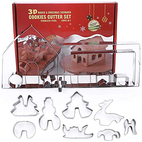 WENTS Molde de Navidad Juego de moldes de Galletas de Sala de Navidad 3D, Juego de moldes de Pan de Jengibre, Juego de moldes de Galletas de Acero Inoxidable navideño Festivo (18 Piezas)