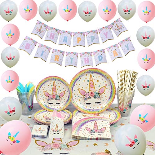 WERNNSAI Conjunto de Suministros de Fiesta de Unicornio - Cumpleaños para Niñas Bolsa de Cubiertos Mantel Platos Servilletas Pancartas Globos Tazas Utensilios Sirve a 16 Invitados 169 Piezas