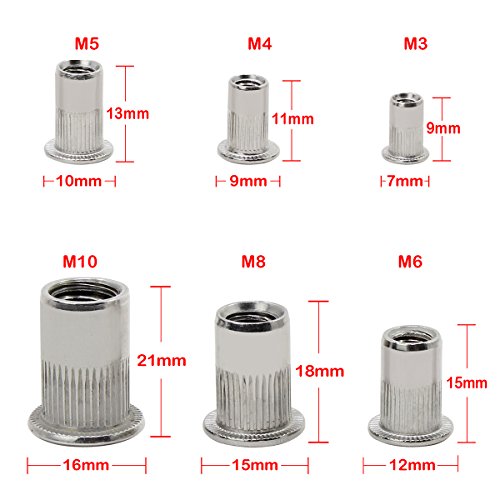 WiMas Tuerca remachada de acero inoxidable Cabeza plana Remache roscado Nutsert Cap Surtido M3 M4 M5 M6 M8 M10 165PCS