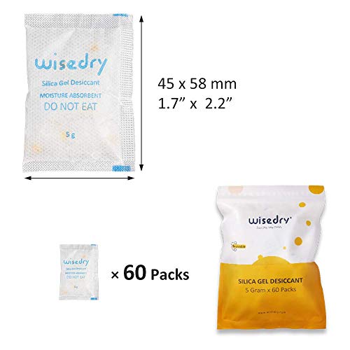 wisedry 5 Gramos x 60 Paquetes Gel De Sílice Desecante bolsitas con Perlas de Naranja Indicador de Humedad Absorbe Humedad para Secador,Deshumidificador de Grado alimenticio