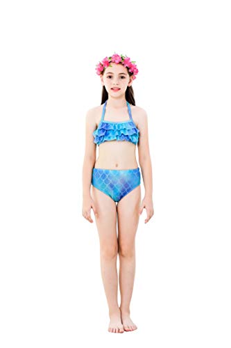 Wishliker - Disfraz de sirena con cola, bikini y aleta para niña (conjunto de 4 piezas) A6 azul + alanpu. 110 cm