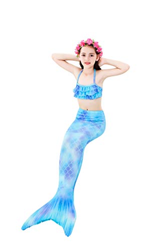 Wishliker - Disfraz de sirena con cola, bikini y aleta para niña (conjunto de 4 piezas) A6 azul + alanpu. 110 cm