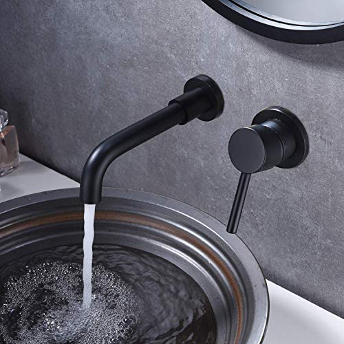 WISTUM Grifo de Lavabo de Pared Mural Empotrable Negro Mate, Cuerpo Empotrado Incluido