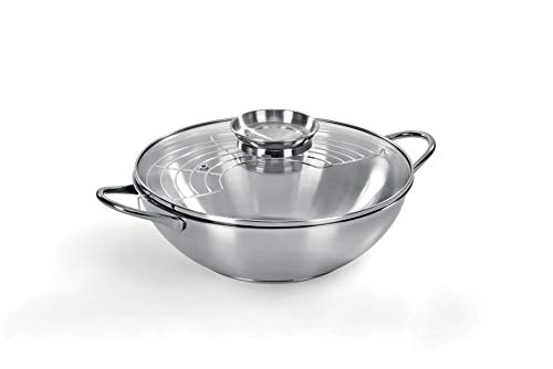 Wok de acero inoxidable 18/10, diámetro 28 cm, capacidad 3,75 l, tapa con polomo aroma, fabricado en Italia