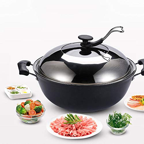 Wok De Hierro Fundido Sartén De Inducción Wok Olla De Hierro Fundido A La Antigua Y De Doble Oreja Cacerola Grande Profunda Sin Revestimiento Antiadherente Engrosada,32cm