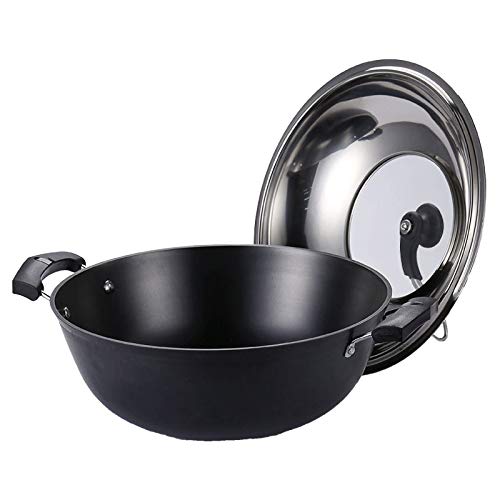 Wok De Hierro Fundido Sartén De Inducción Wok Olla De Hierro Fundido A La Antigua Y De Doble Oreja Cacerola Grande Profunda Sin Revestimiento Antiadherente Engrosada,32cm