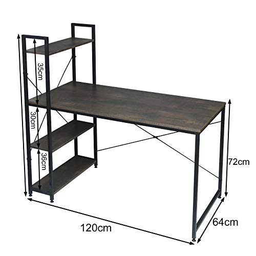 WOLTU Escritorio Industrial Escritorio de Computadora Muebles de Oficina Mesa de PC Mesa de Trabajo de Madera y Acero, con 4 Estante, Aprox.120x64x120cm Negro/Oxidado TSB01srs