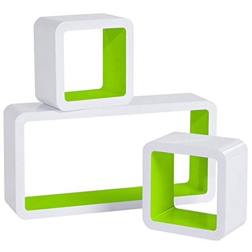 WOLTU Estantería de Pared Estantería Cubo Conjunto de 3 Estante Retro Colgantes CD Libreria Decorativo Baldas Flotante Pared Verde/Blanco RG9229gn