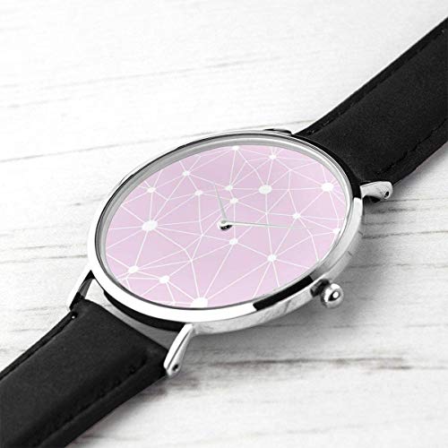 Women Casual Elegant Silver Round Case PU Leather Band Pastel Pink Network Web Texture Seamless Dial Analog Quartz Fashion Wrist Watches