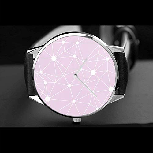 Women Casual Elegant Silver Round Case PU Leather Band Pastel Pink Network Web Texture Seamless Dial Analog Quartz Fashion Wrist Watches